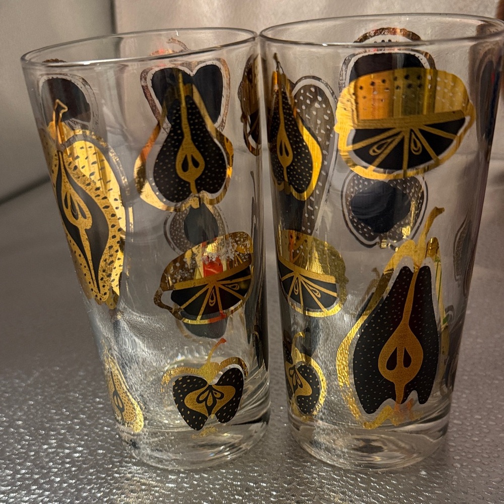Vintage Mid Century Modern Culver  Florentine 22k gold Black and Gold Glasses